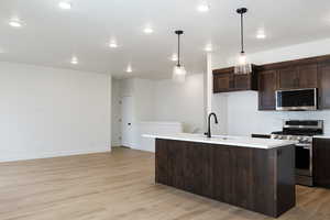 Kitchen with sink, hanging light fixtures, stainless steel appliances, a center island with sink, and light wood-type flooring