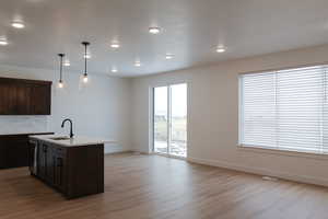 Kitchen with light wood-type flooring, stainless steel dishwasher, sink, pendant lighting, and a center island with sink