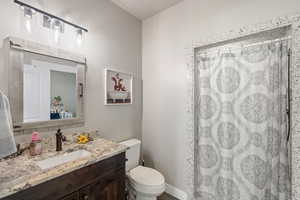 Bathroom with vanity, a shower with shower curtain, and toilet