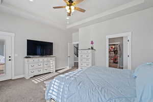 Carpeted bedroom featuring a walk in closet, a tray ceiling, and ceiling fan