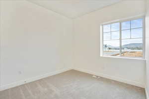 Unfurnished room featuring a mountain view and carpet floors