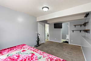 Bedroom with carpet, a textured ceiling, washer / clothes dryer, and ensuite bath