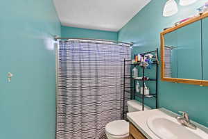 Bathroom with toilet, a textured ceiling, vanity, and a shower with shower curtain