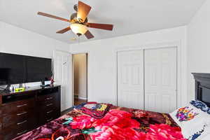 Bedroom featuring a closet, ceiling fan, and hardwood / wood-style flooring