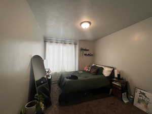 Carpeted bedroom with a textured ceiling