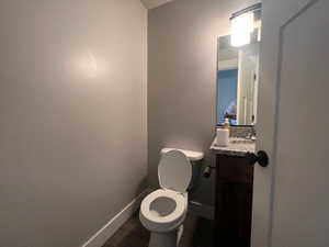 Bathroom with vanity, hardwood / wood-style floors, and toilet