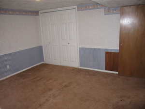 Interior space featuring wood walls, a textured ceiling, and carpet floors