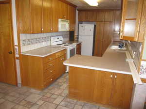 Kitchen with sink, kitchen peninsula, white appliances, and tasteful backsplash