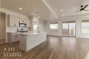 Kitchen with sink, a center island with sink, appliances with stainless steel finishes, dark hardwood / wood-style floors, and backsplash