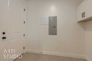 Washroom with cabinets and electric panel