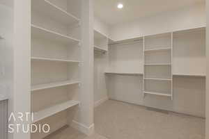 Walk in closet with light colored carpet