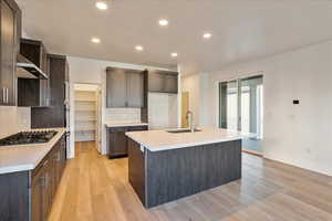 Kitchen with wall chimney range hood, appliances with stainless steel finishes, a kitchen island with sink, light wood-type flooring, and sink