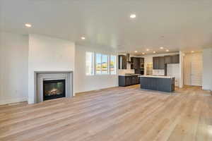 Unfurnished living room featuring sink and light hardwood / wood-style flooring