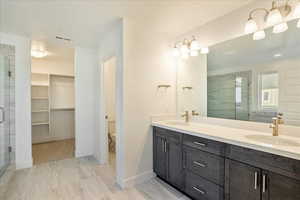 Bathroom with vanity, toilet, and a shower with shower door