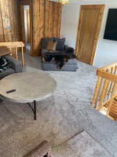 Carpeted living room with wood walls