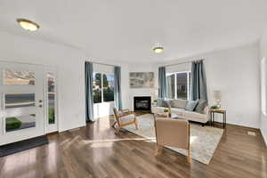 Living room with dark wood-type flooring