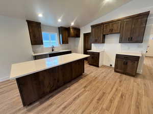 Kitchen featuring a kitchen island, light wood-type flooring, lofted ceiling, and sink