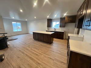 Kitchen with a center island, light hardwood / wood-style floors, dark brown cabinetry, and sink