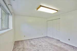 Unfurnished bedroom featuring light carpet, a closet, and a textured ceiling