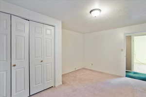 Unfurnished bedroom featuring light carpet, a textured ceiling, and a closet