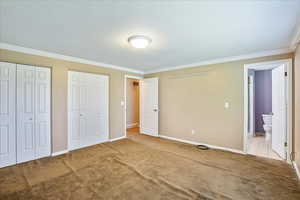 Unfurnished bedroom with crown molding, a textured ceiling, ensuite bath, and light colored carpet