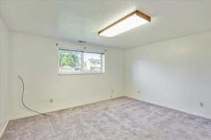 Unfurnished room featuring a textured ceiling and light colored carpet