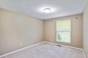 Carpeted spare room featuring a textured ceiling