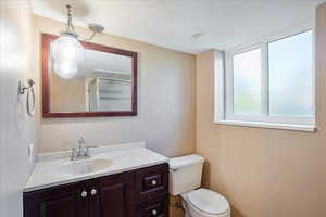 Bathroom with a shower with door, vanity, a textured ceiling, and toilet