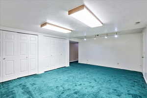 Basement featuring a textured ceiling, track lighting, and dark colored carpet