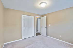 Unfurnished bedroom with a closet, carpet floors, and a textured ceiling