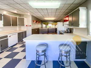 Kitchen featuring plenty of natural light, kitchen peninsula, white refrigerator, and electric stove