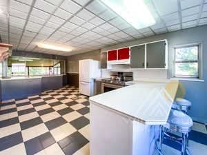 Kitchen featuring plenty of natural light, kitchen peninsula, white refrigerator, and electric stove