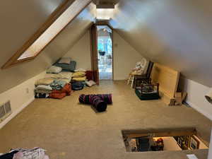 Bonus room with vaulted ceiling with skylight and carpet floors