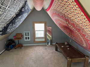 Additional living space featuring carpet flooring and vaulted ceiling