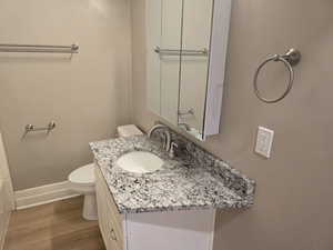 Bathroom featuring vanity, hardwood / wood-style flooring, and toilet