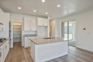 Kitchen with white cabinets, appliances with stainless steel finishes, a kitchen island with sink, light hardwood / wood-style flooring, and sink