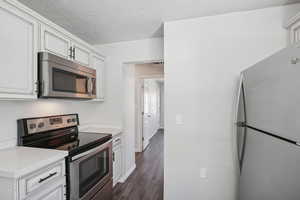 Kitchen with white cabinetry, dark hardwood / wood-style floors, and stainless steel appliances