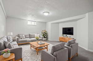 Living room featuring a textured ceiling and light colored carpet