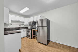 Kitchen with light hardwood / wood-style floors, stainless steel appliances, and newly painted white cabinets