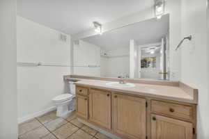 Primary Bathroom featuring vanity, toilet, tile patterned floors, and ceiling fan