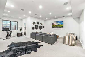 Living room with carpet floors