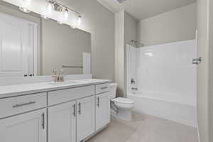 Full bathroom featuring tile patterned flooring, vanity, bathtub / shower combination, and toilet