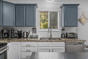 Kitchen with stainless steel dishwasher, blue cabinets, sink, and decorative backsplash