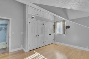 Interior space featuring lofted ceiling, light hardwood / wood-style flooring, and a textured ceiling