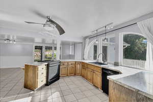 Kitchen with rail lighting, black appliances, a wealth of natural light, and kitchen peninsula