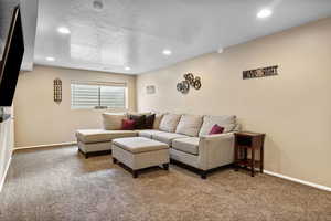 Living room featuring a textured ceiling and carpet floors