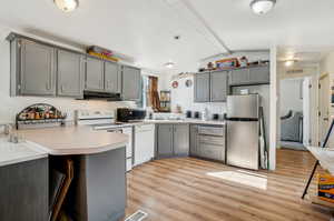 Kitchen featuring kitchen peninsula, appliances with stainless steel finishes, light hardwood / wood-style flooring, gray cabinetry, and lofted ceiling with beams