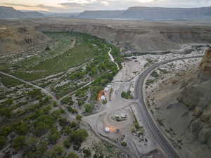 Aerial view at dusk with a mountain view