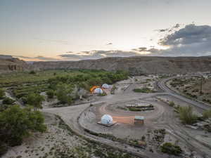 Aerial view at dusk with a mountain view