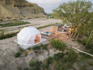 View of yard featuring a storage unit and a mountain view